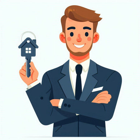 Real estate agent holding house keys. Vector illustration in cartoon style.のイラスト素材