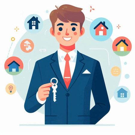 Real estate agent with keys in hand. Vector illustration in flat styleのイラスト素材