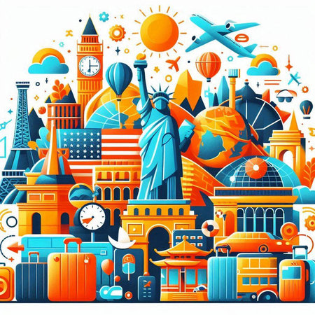 Traveling around the world. Colorful vector illustration in cartoon styleのイラスト素材