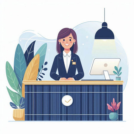 Businesswoman at desk in office. Vector illustration in flat style.のイラスト素材