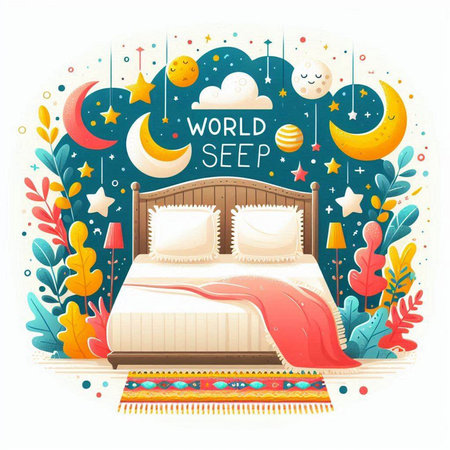 Vector illustration of a bedroom with a double bed, moon, stars and plantsのイラスト素材