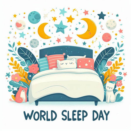 World Sleep Day. Cute hand drawn vector illustration with cute cartoon doodle elements. Isolated objects on white background.のイラスト素材