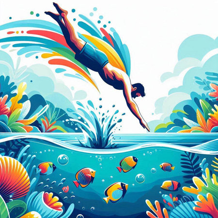 Illustration of a man diving into the ocean with coral reef backgroundのイラスト素材