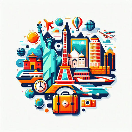 Traveling around the world concept. Colorful flat vector illustration.のイラスト素材