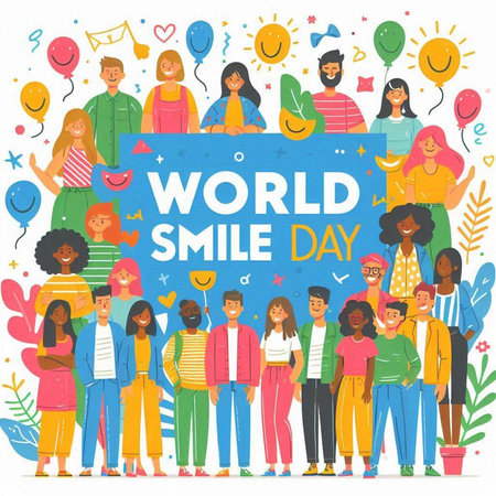 World Smile Day. Group of diverse people standing together. Vector illustrationのイラスト素材