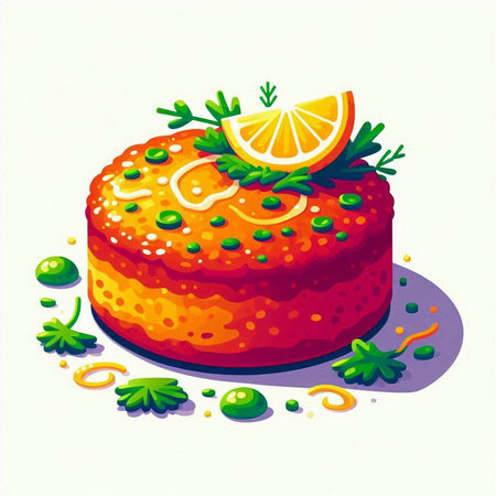 Illustration of a piece of cake decorated with lemon and green peasのイラスト素材
