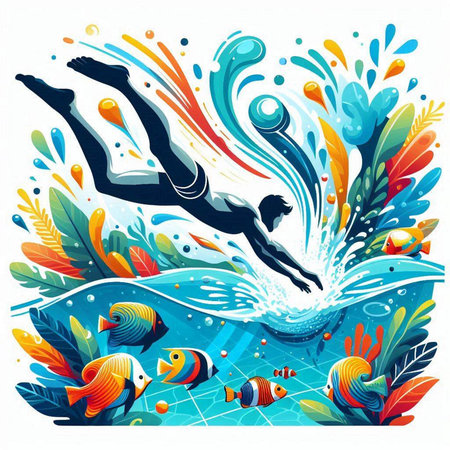Vector illustration of a swimmer swimming in the sea with a fish.のイラスト素材