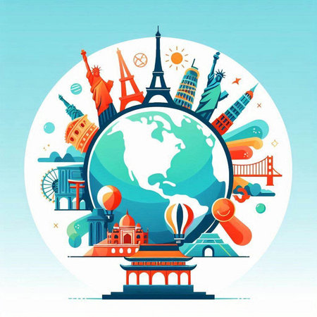 Travel around the world. Vector illustration in flat style with famous landmarks.のイラスト素材