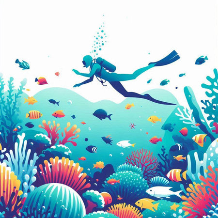 Scuba diving in the sea. Underwater world. vector illustrationのイラスト素材