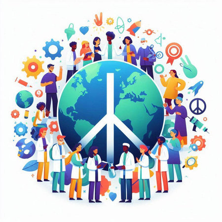 Group of doctors and nurses around the world. Vector flat illustration.のイラスト素材