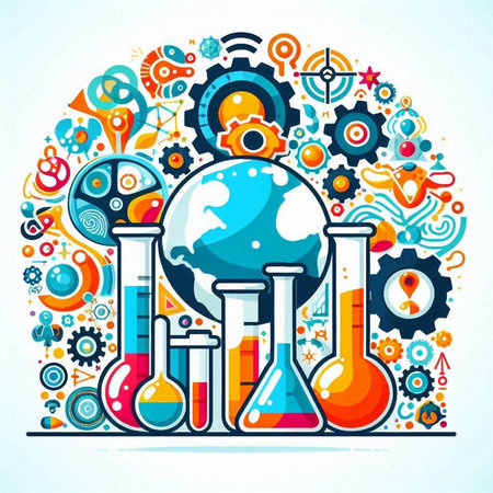 Colorful science and technology background with globe, gears and other elements. Vector illustration.のイラスト素材