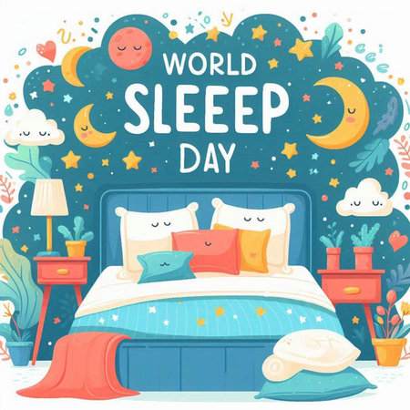 World Sleep Day poster with cute cartoon bed and pillow. Vector illustrationのイラスト素材