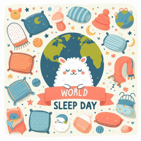 World Sleep Day. Cute hand drawn vector illustration with cute cartoon llama.のイラスト素材