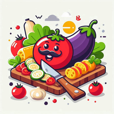Vegetables and fruits on a cutting board. Vector illustration.のイラスト素材