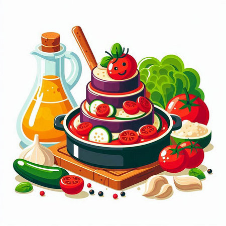Illustration of tomato and cucumber salad with olive oil and garlicのイラスト素材