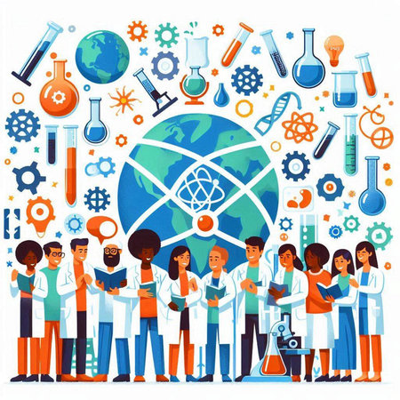 Group of scientists and laboratory workers. Vector illustration in flat style.のイラスト素材