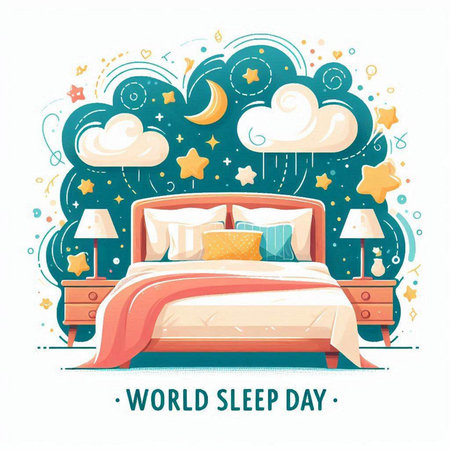 World Sleep Day greeting card with bed and pillows. Vector illustrationのイラスト素材
