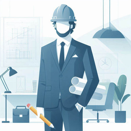 Architect in a helmet and with a pencil in his hands. Vector illustrationのイラスト素材