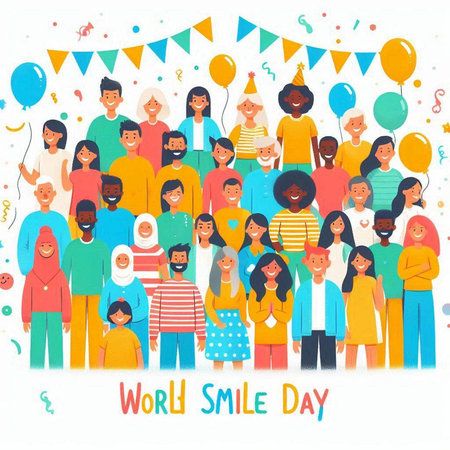 World Smile Day greeting card with group of diverse people. Vector illustrationのイラスト素材