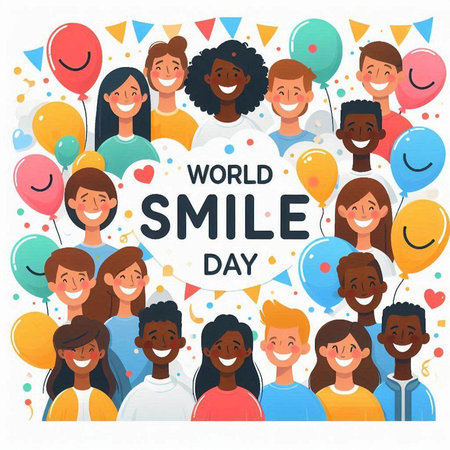 World Smile Day greeting card with group of happy smiling people, vector illustrationのイラスト素材