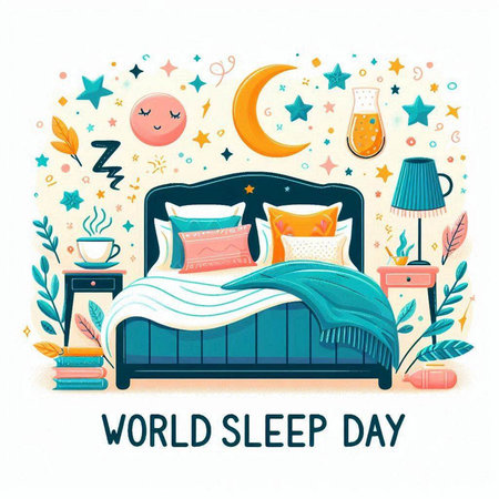 World Sleep Day banner with bed, pillows, lamp, moon and stars. Vector illustration.のイラスト素材