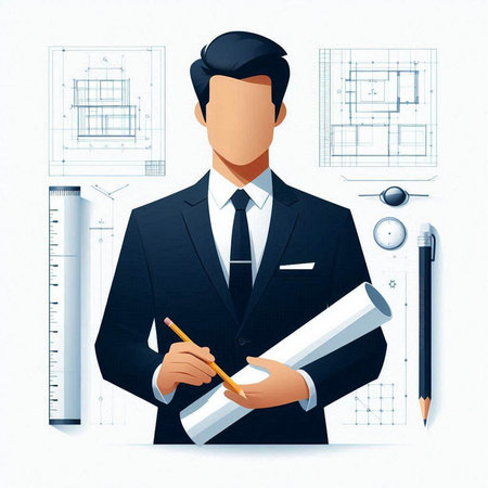 Architect working on blueprint. Vector illustration in a realistic style.のイラスト素材