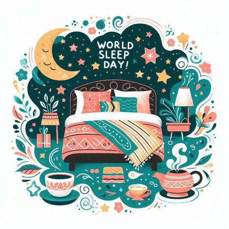 Vector illustration with hand drawn bed, cup of coffee and stars.のイラスト素材