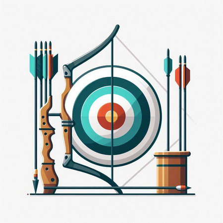 Archery target with arrows and bow. Vector illustration in flat styleのイラスト素材