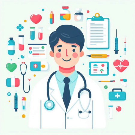 Vector illustration of a male doctor with stethoscope and medical iconsのイラスト素材