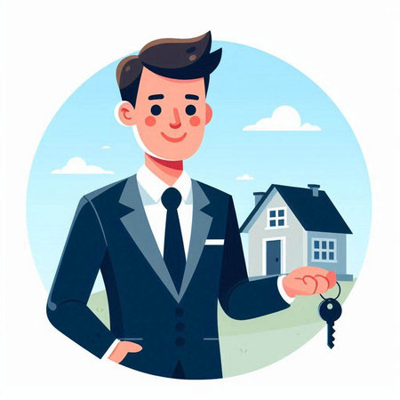 Real estate agent with key in hand. Vector illustration in cartoon styleのイラスト素材