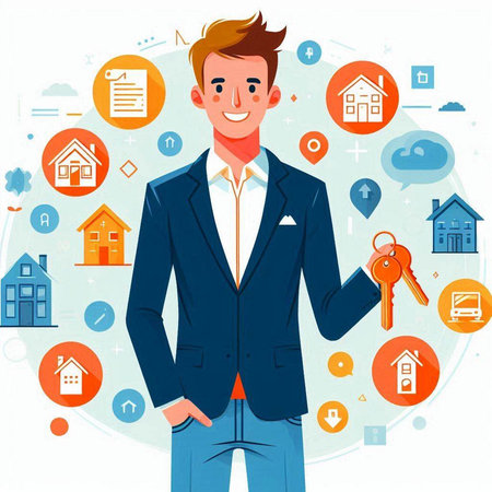 Real estate agent. Young man with keys in hand. Vector illustrationのイラスト素材