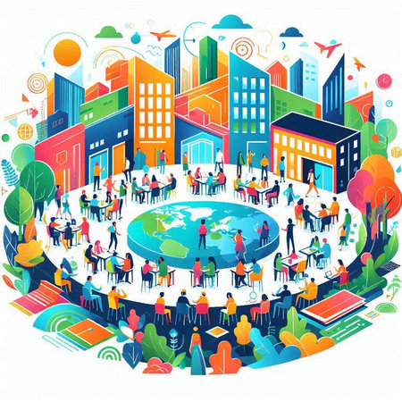 Vector illustration of business people meeting around the world. Cityscape with buildings and people.のイラスト素材