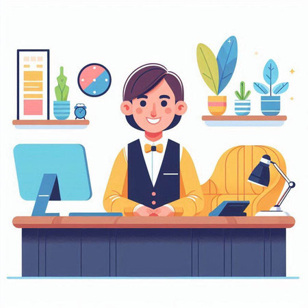 Young man sitting at desk in office. Vector illustration in cartoon styleのイラスト素材