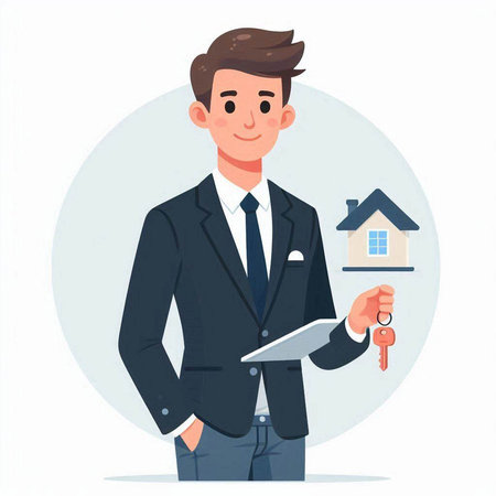 Real estate agent holding keys and house. Vector illustration in cartoon styleのイラスト素材