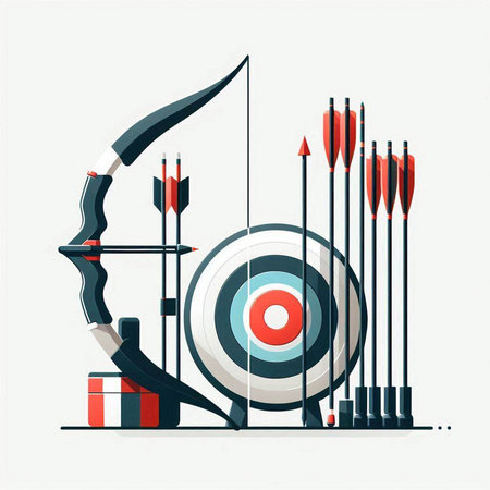 Archery target with arrows and bow. Vector illustration in flat styleのイラスト素材