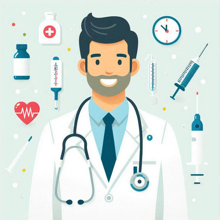 Doctor with stethoscope and set of medical icons. Vector illustration.のイラスト素材
