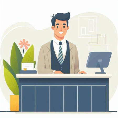 Businessman at the desk in office. Vector illustration in flat styleのイラスト素材