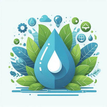 Water drop with leafs and icons. Ecology concept. Vector illustrationのイラスト素材