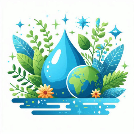 World water day background with water drop, leaves and flowers. Vector illustration.のイラスト素材