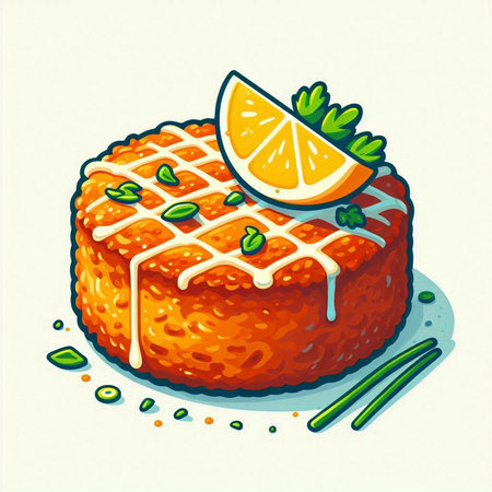 Illustration of a piece of cake with a slice of lemon.のイラスト素材