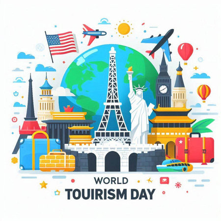 World Tourism Day banner with famous landmarks around the world. Vector illustrationのイラスト素材