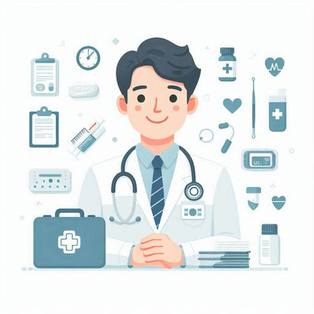 Male doctor with stethoscope and medical icons. Vector illustration.のイラスト素材