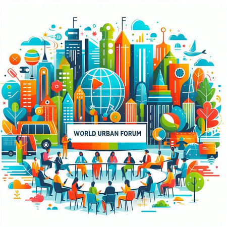Vector illustration of modern city with people and icons on white background.のイラスト素材
