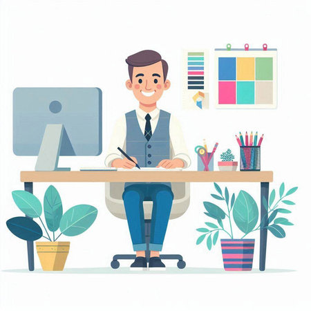 Businessman working at his desk. Vector illustration in cartoon style.のイラスト素材
