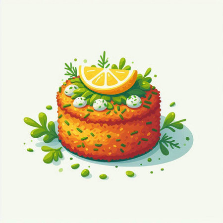 Illustration of a slice of orange cake with lemon and green leavesのイラスト素材