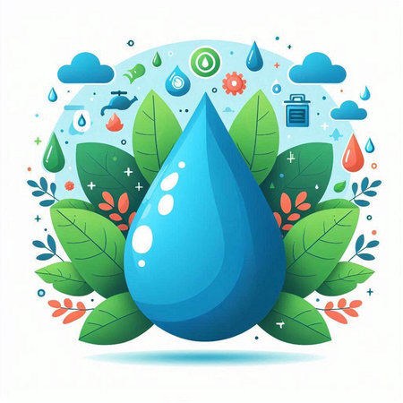 Water drop with leaves and icons. Ecology concept. Vector illustration.のイラスト素材
