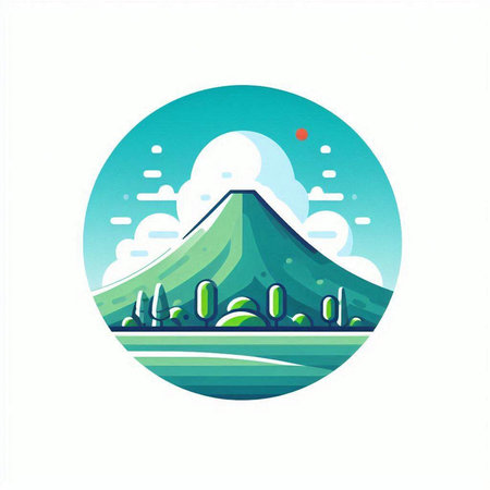 Mountain vector illustration in flat style. Mountain landscape with forest and lake.のイラスト素材