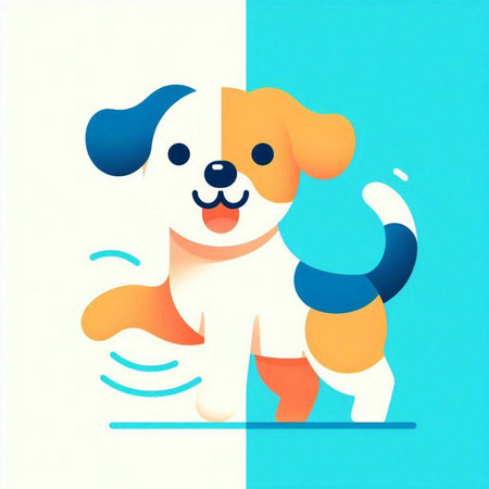 Colorful dog on white and blue background. Cute cartoon character.のイラスト素材