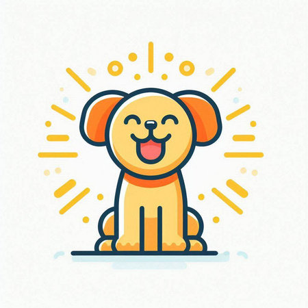 Cute yellow dog sitting on white background with sun rays. Vector illustration.のイラスト素材