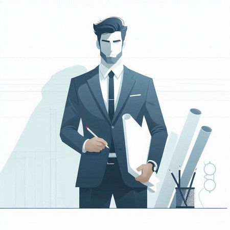 Vector illustration of a man in a suit and tie holding a pen and a paper in his hand.のイラスト素材